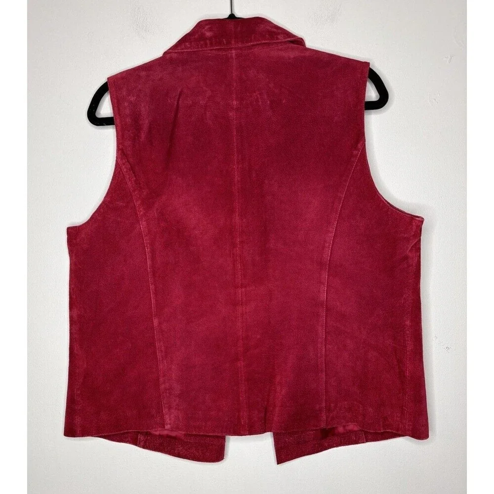 Coldwater Creek Womens Sz L Red 100% Leather Suede Laser Cut Open Front Vest
